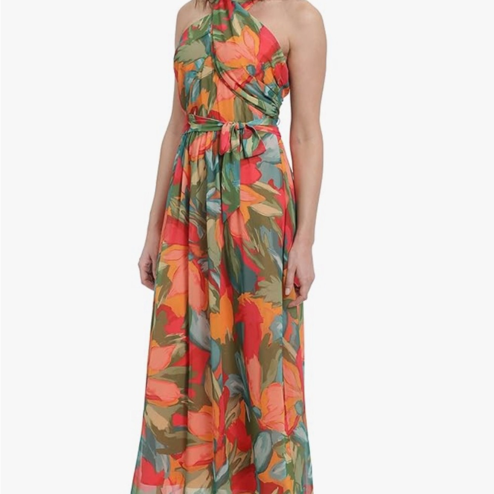 London Times Womens Twist Neck Halter Maxi Dress